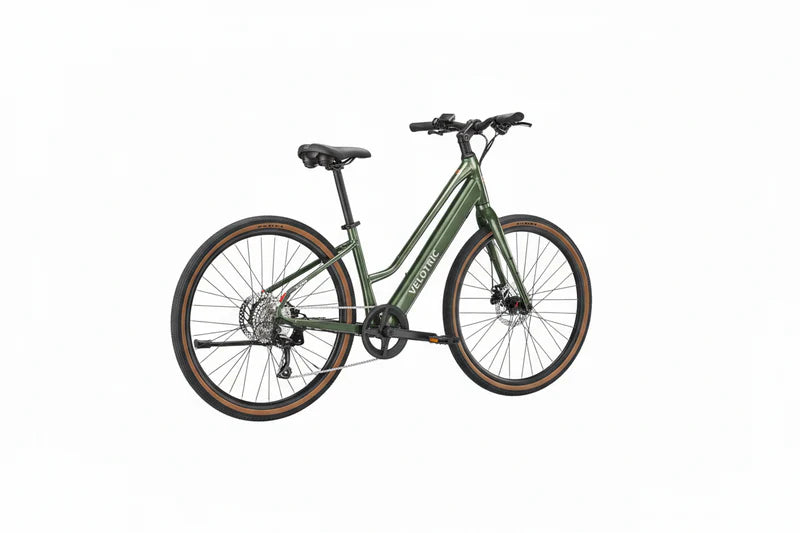 Velotric Tempo eBike in Forest Evergreen color, mid-step frame, side view on a plain background