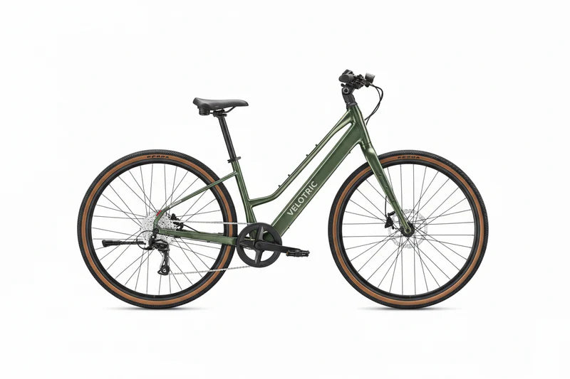 Velotric Tempo eBike in Forest Evergreen color, mid-step frame, side view on a white background