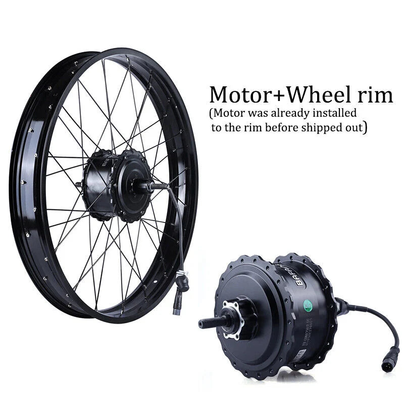 Rear view of Coastal Cruiser 20x4 eBike wheel assembly featuring a 52v 750w motor, showing spokes, hub, and motor housing.