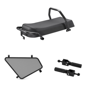 A Velotric Go e-bike equipped with the Mad Passenger Kit, featuring a rear passenger seat, foot pegs, and a sturdy rear rack, shown in a studio setting.