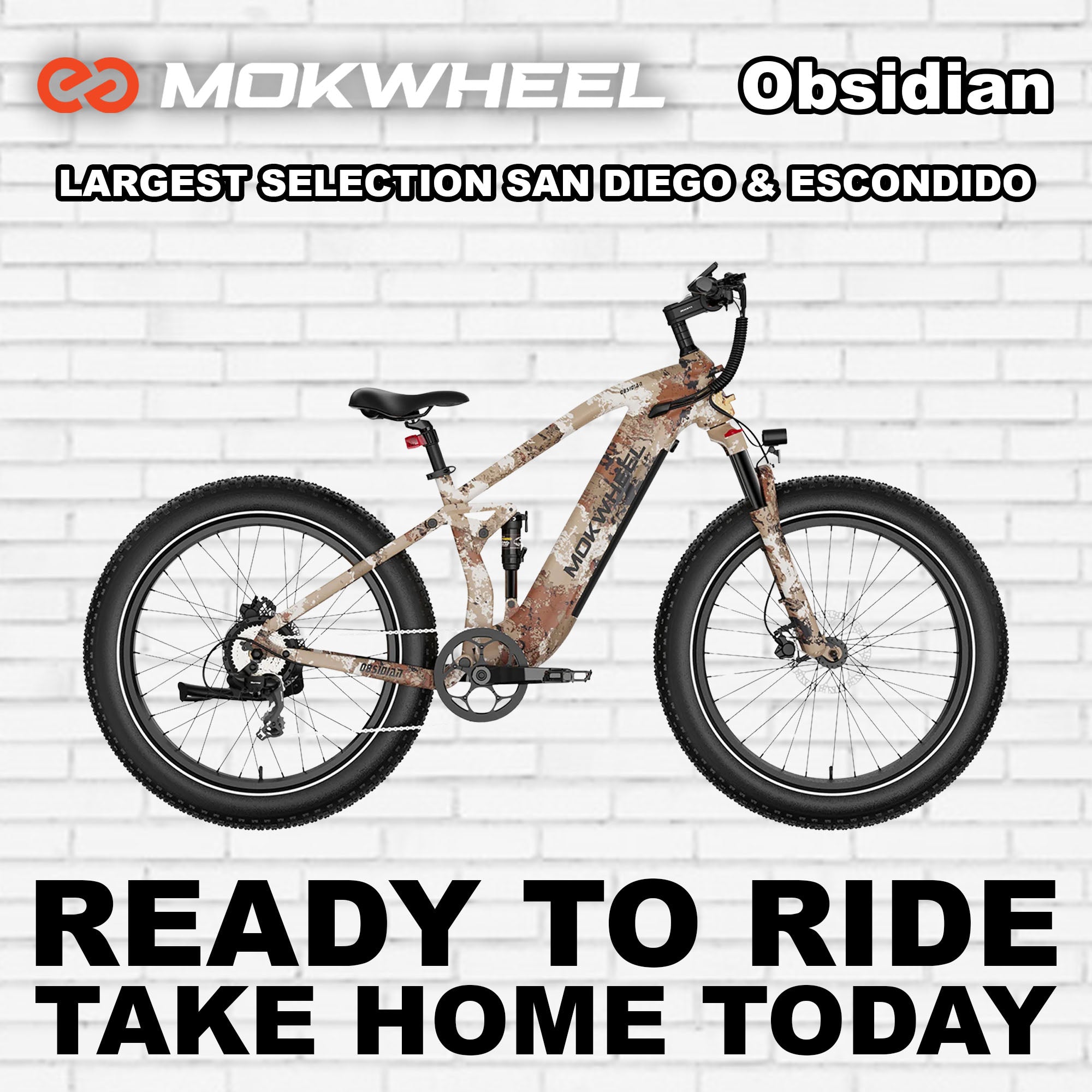 Electric bike Mokwheel Obsidian in sand camo color, side view, displayed on a white background.