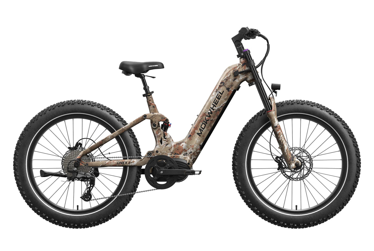 Electric bike Mokwheel Onyx ST in Desert Camo color, side view, displayed on a white background.