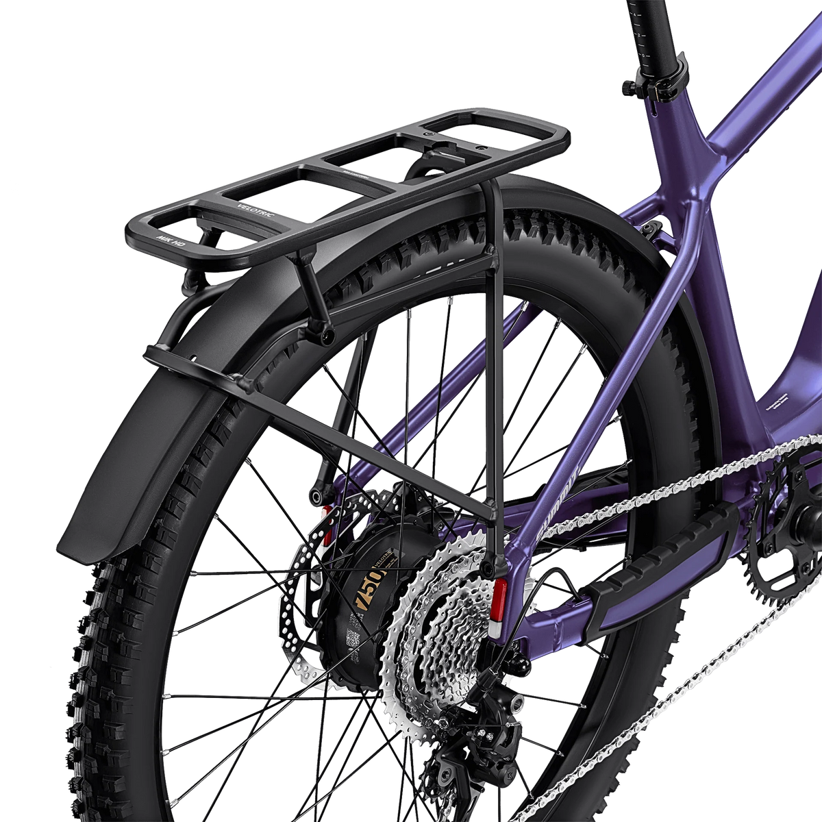 Velotric Summit 2 modular rear rack attached to an e-bike, showcasing its sturdy black metal frame and versatile mounting design.