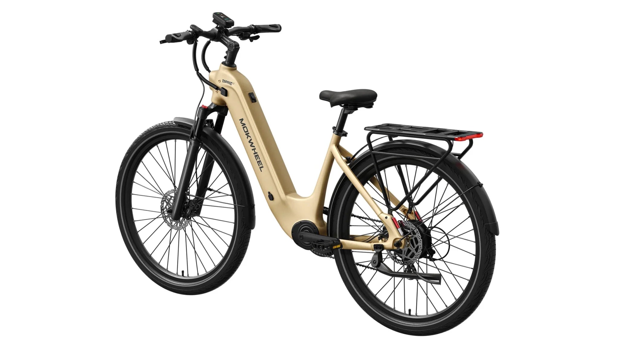 Electric bike Mokwheel Tarmac ST in hazelnut yellow color, side view, isolated on white background.