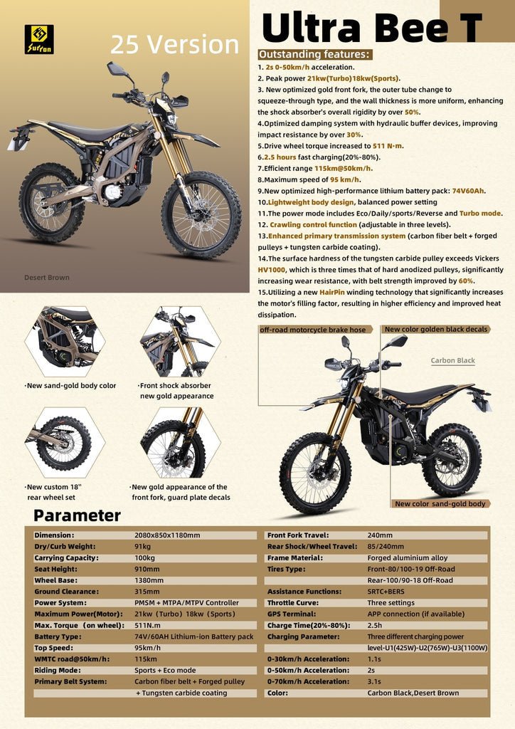 Side view of a 2025 Surron Ultra Bee 21kW electric dirt bike in black and yellow, displayed on a white background.