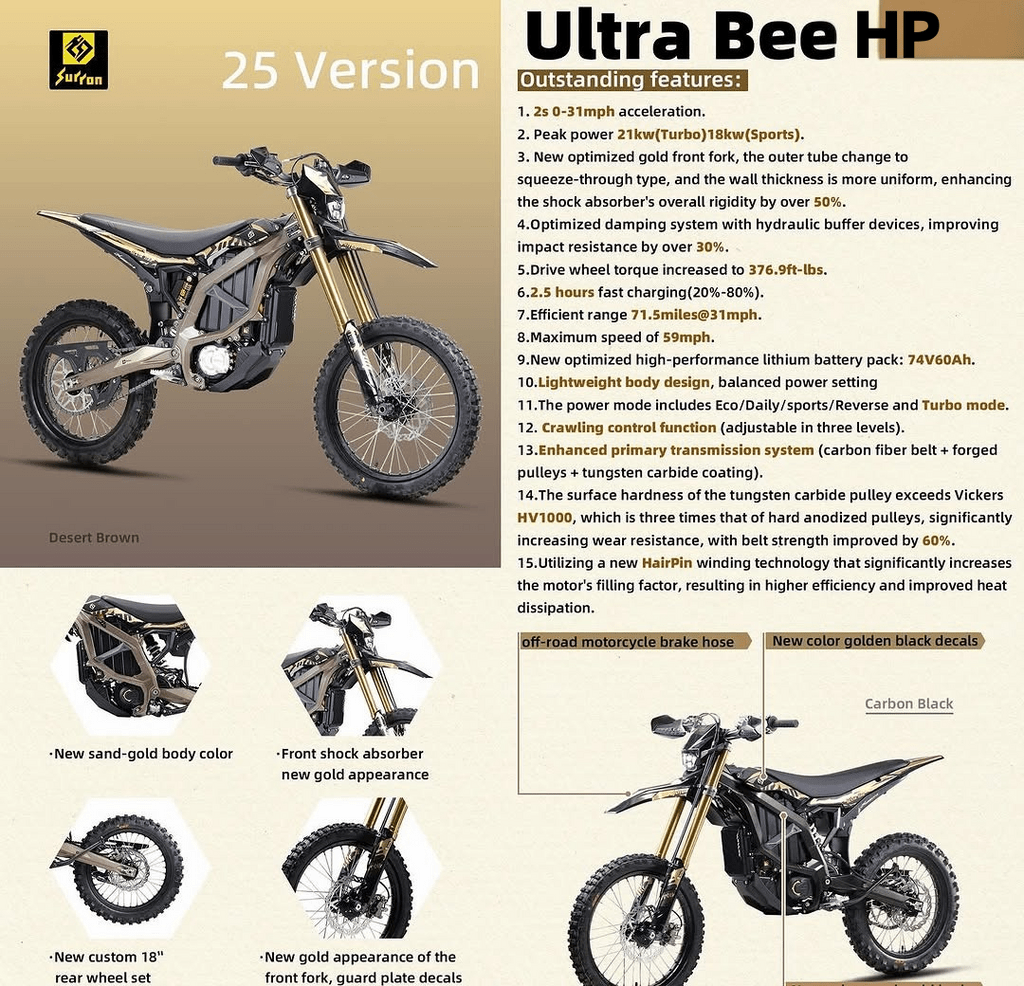 2025 Surron Ultra Bee 21kW electric dirt bike in black and yellow, side view, displayed for pre-order with expected arrival at the end of May