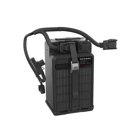 Segway Xyber eMOTO replacement battery, rectangular black battery pack with connector, displayed on a white background.