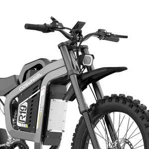Coswheel R19 eMOTO eBike in black, side view, parked on pavement with urban background.