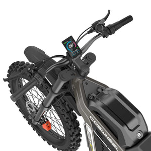 Side view of the Coswheel R19 eMOTO eBike in black, showcasing its thick tires, sturdy frame, and rear suspension against a white background.