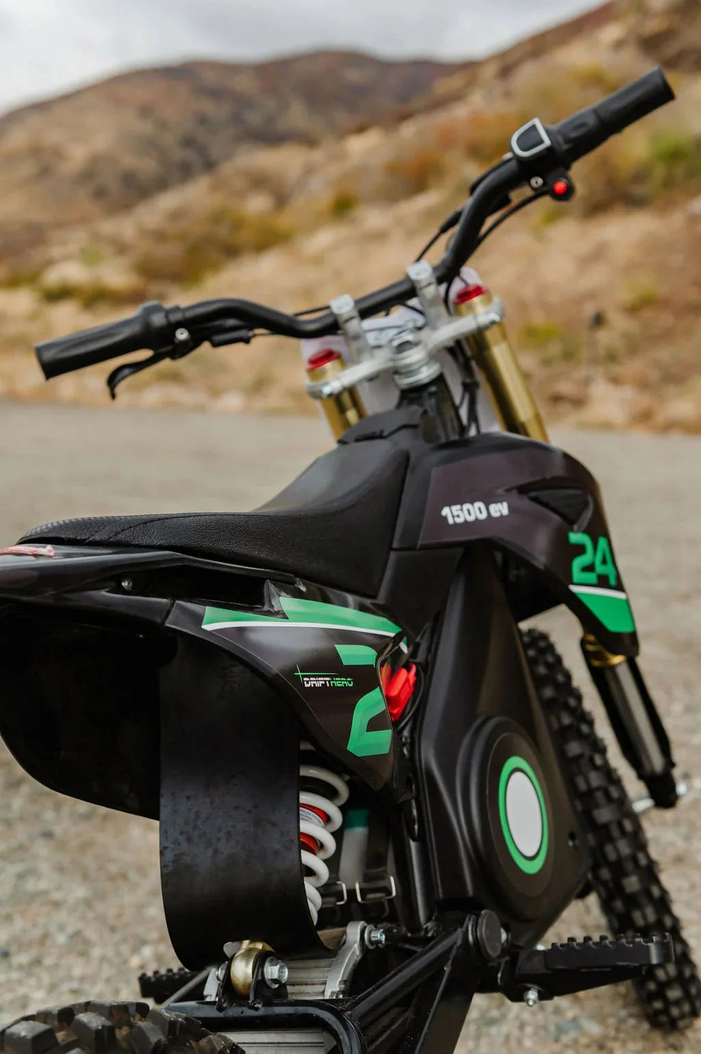 A black eMOTO eBike Drift Hero 1600w dirt bike shown from a side angle, featuring rugged tires, a sturdy frame, and a sporty design suitable for off-road riding.