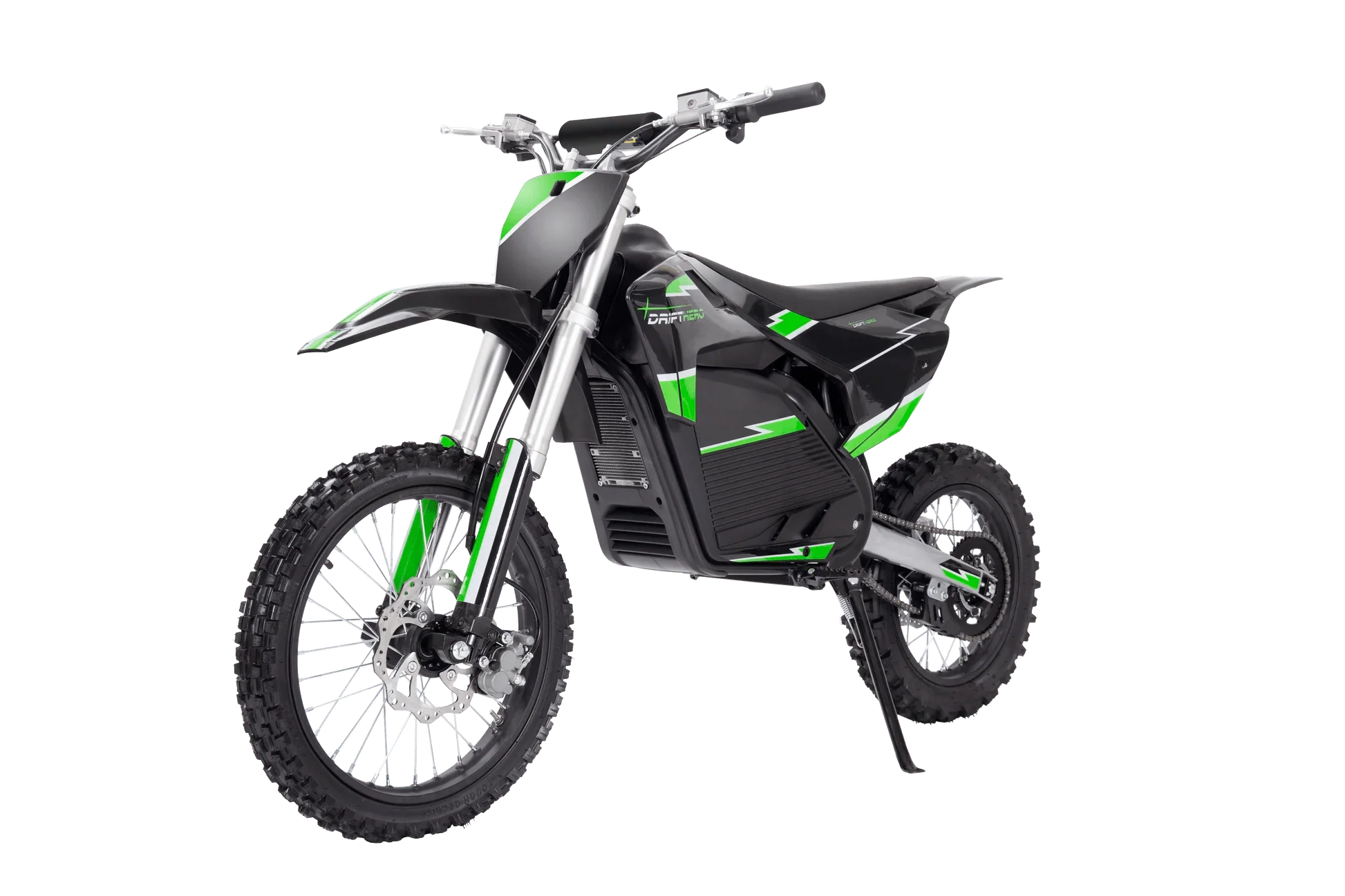 A black eMOTO eBike Drift Hero 5000w dirt bike with rugged tires, sturdy frame, and front suspension, displayed on a plain background.