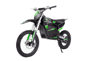 A black eMOTO eBike Drift Hero 5000w dirt bike with rugged tires, sturdy frame, and front suspension, displayed on a plain background.