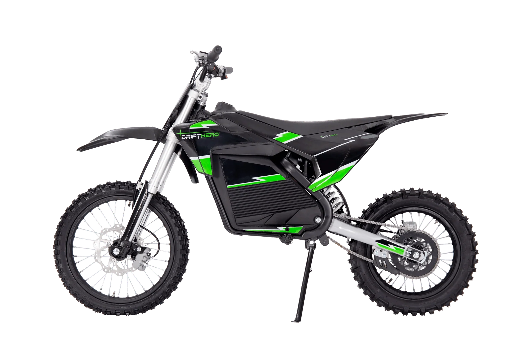 A black eMOTO eBike Drift Hero 5000w dirt bike with rugged tires, sturdy frame, and modern design, displayed on a plain background.