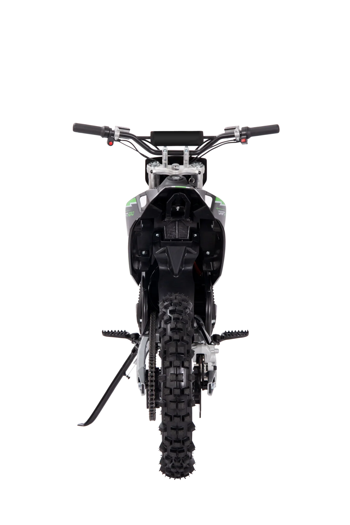 A black eMOTO eBike Drift Hero 5000w dirt bike with rugged tires, sturdy frame, and modern design, displayed on a plain background.