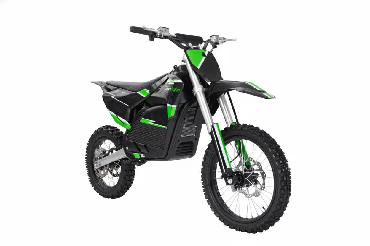 A black eMOTO eBike Drift Hero 5000w dirt bike with rugged tires, sturdy frame, and electric motor, displayed on a white background.