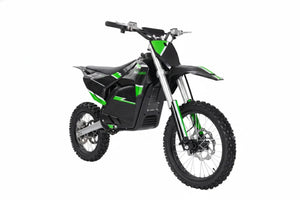 A black eMOTO eBike Drift Hero 5000w dirt bike with rugged tires, sturdy frame, and electric motor, displayed on a white background.