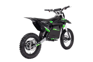 A black eMOTO eBike Drift Hero 5000w dirt bike with rugged tires, sturdy frame, and front suspension, displayed on a white background.