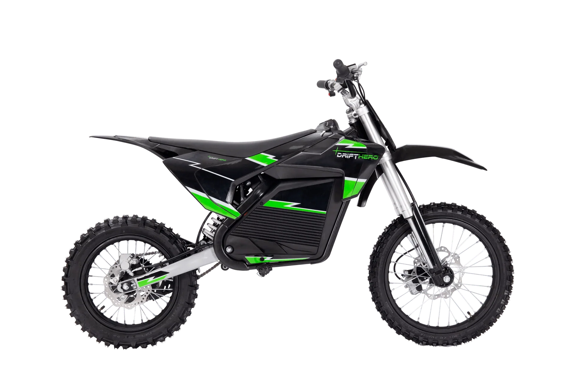 A black eMOTO eBike Drift Hero 5000w dirt bike with rugged tires, sturdy frame, and front suspension, displayed on a white background.