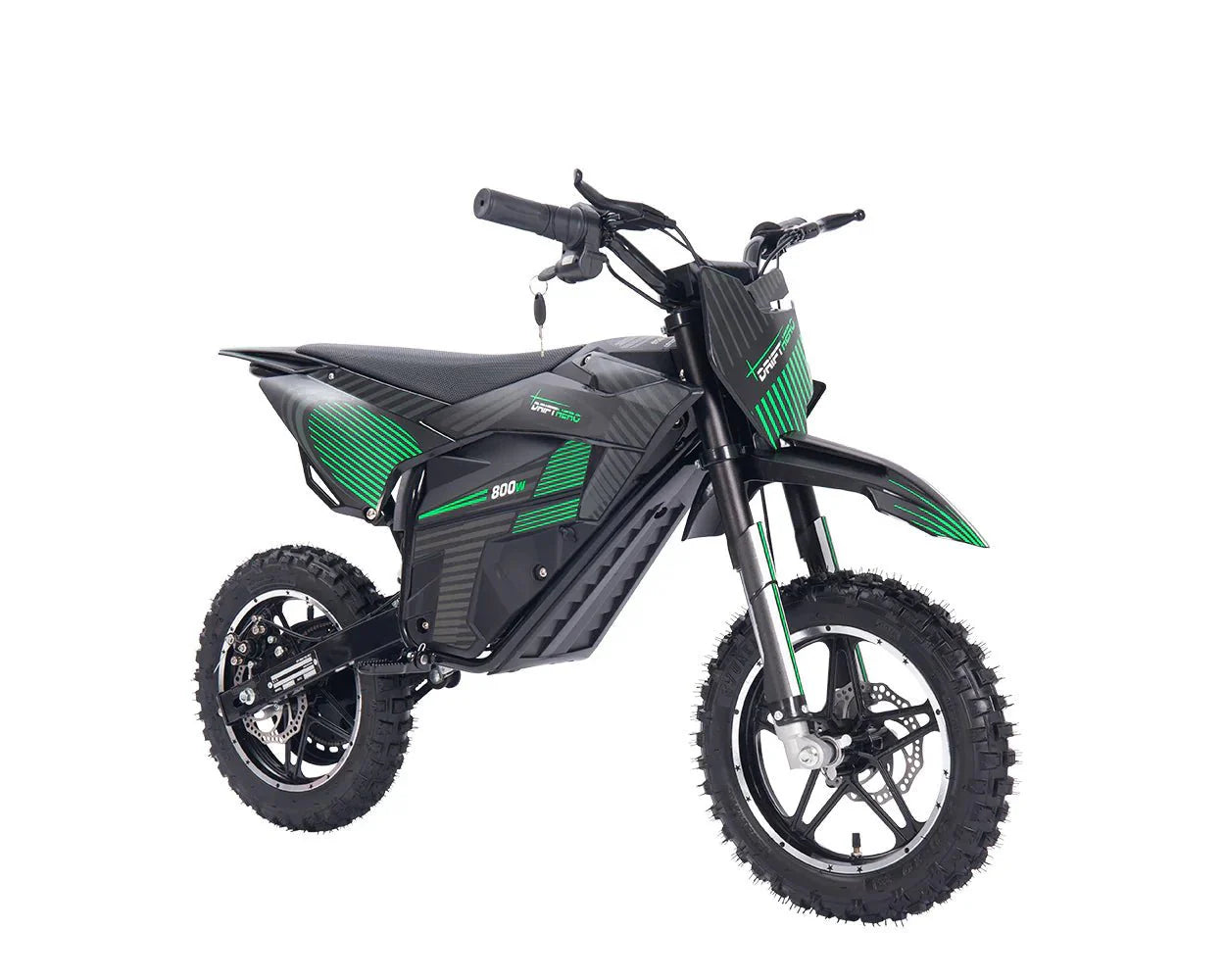 A black and red eMOTO eBike Drift Hero 800w dirt bike with rugged tires, sturdy frame, and electric motor, displayed on a white background.
