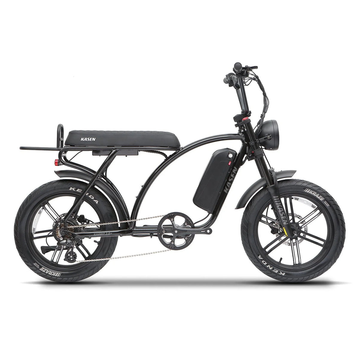 Black eMOTO eBike Kasen Kabbit 2.0 Plus, Ready to Ride model, shown in side profile with 15AH and 20AH battery options