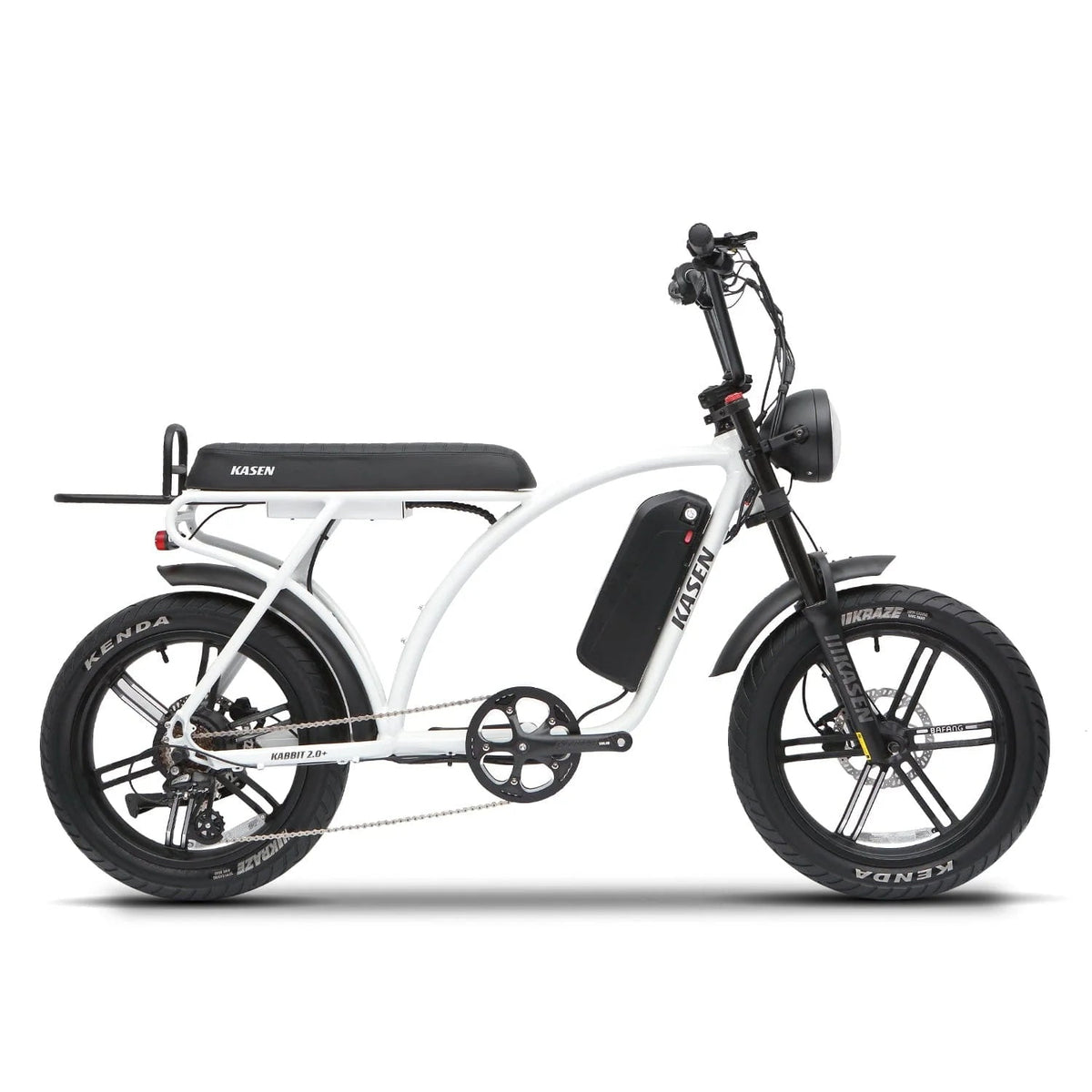 White eMOTO eBike Kasen Kabbit 2.0 Plus, Ready to Ride model, shown from the side with 15AH and 20AH battery options
