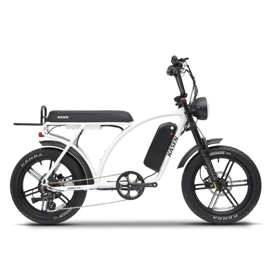 White eMOTO eBike Kasen Kabbit 2.0 Plus, Ready to Ride model, shown from the side with 15AH and 20AH battery options