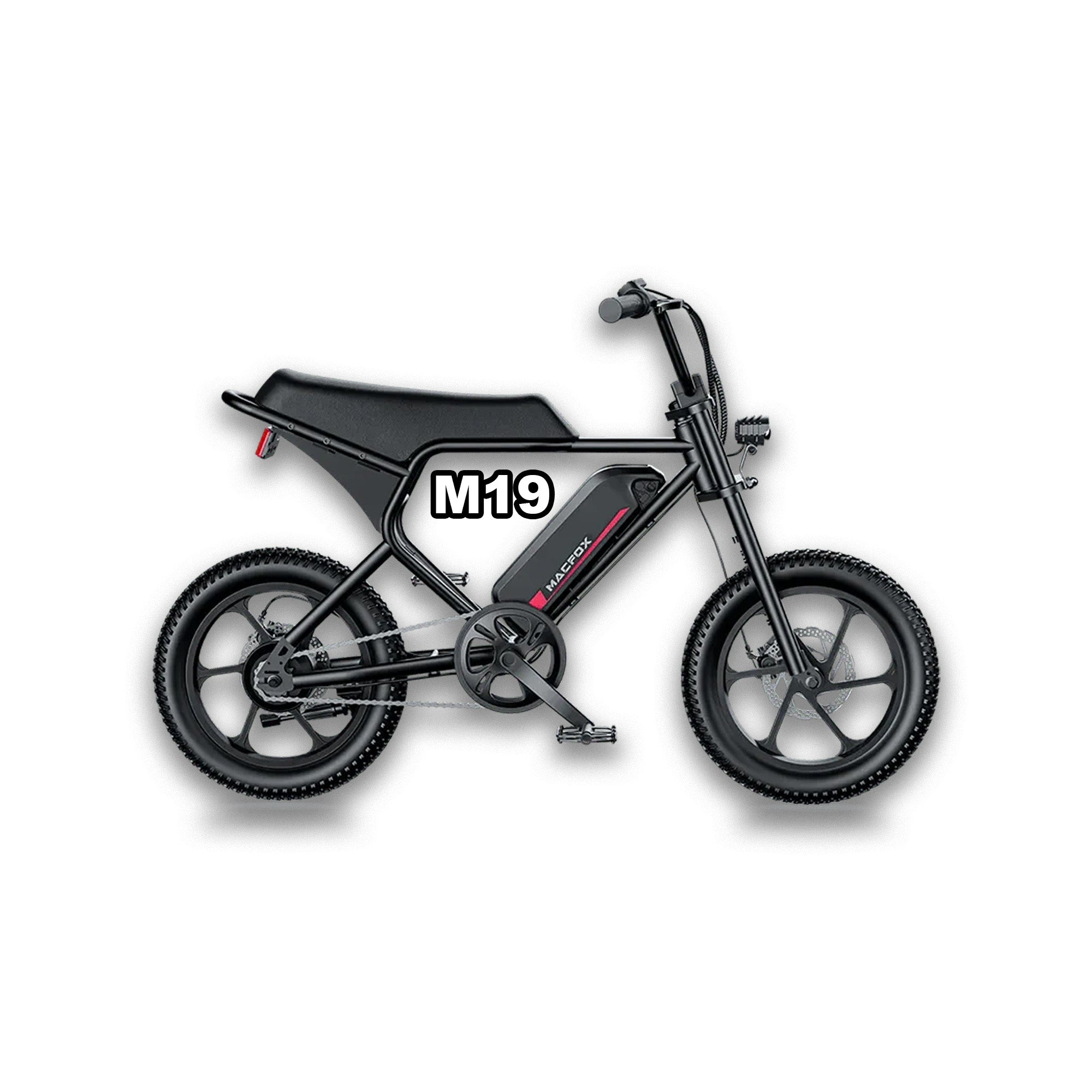 Black eMOTO eBike Macfox M19, ready to ride, product image, model R2R, SKU 810206240069
