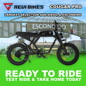 Black eMOTO eBike Revi Cougar Pro, side view, ready to ride, product image with model number 810206242360