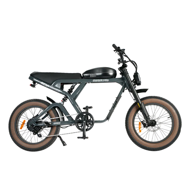 eMOTO eBike Revi Cougar Pro in anthracite grey, side view, against a plain background
