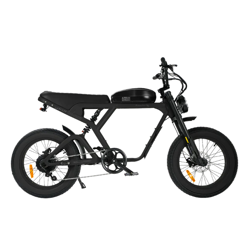Black eMOTO eBike Revi Cougar Pro electric bicycle, side view, on white background