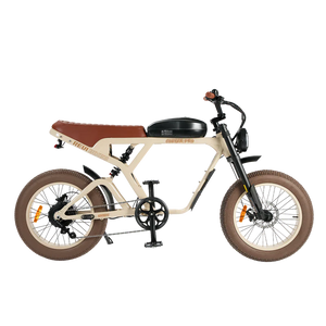 Side view of the eMOTO eBike Revi Cougar Pro in sand color, showcasing its sturdy frame, fat tires, and integrated battery on a plain background.