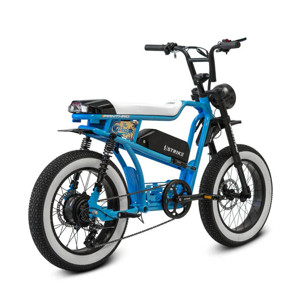 Side view of the eMOTO eBike Strike Panthro, showcasing its sleek black frame, thick tires, and modern design against a plain background.