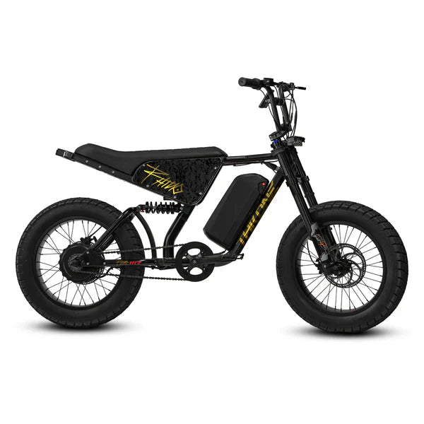 Black and gold eMOTO eBike Strike Rhino AT7 electric bike, side view, on a white background