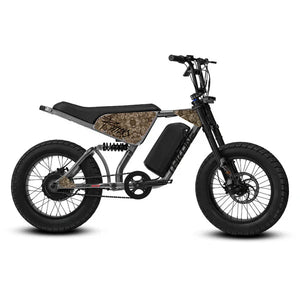 eMOTO eBike Strike Rhino AT7 in camo gray color, side view, displayed outdoors