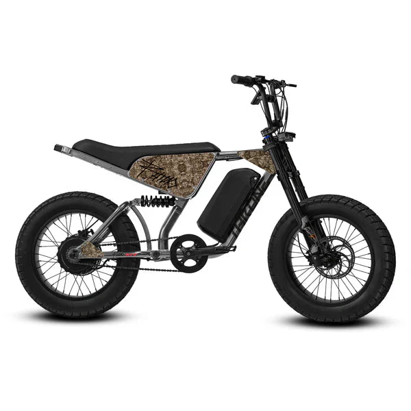 eMOTO eBike Strike Rhino AT7 in camo gray color, side view, displayed outdoors