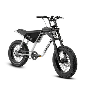 Side view of the eMOTO eBike Strike Rhino electric bicycle in black, showcasing its sturdy frame, thick tires, and battery pack.