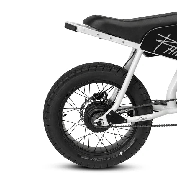 Side view of the eMOTO eBike Strike Rhino electric bicycle in black, showcasing its sturdy frame, thick tires, and battery pack.