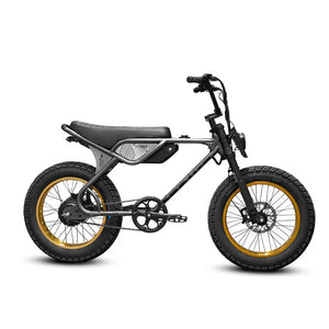 Side view of the eMOTO eBike Strike Spyder in black and red, showing its sturdy frame, thick tires, and ergonomic seat against a white background.