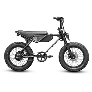 Side view of the eMOTO eBike Strike Spyder in black, showcasing its sleek frame, thick tires, and modern design against a plain background.