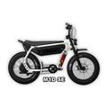 Super73 M1D SE eMOTO eBike in Baja color, shown inside its original packaging box with protective materials.