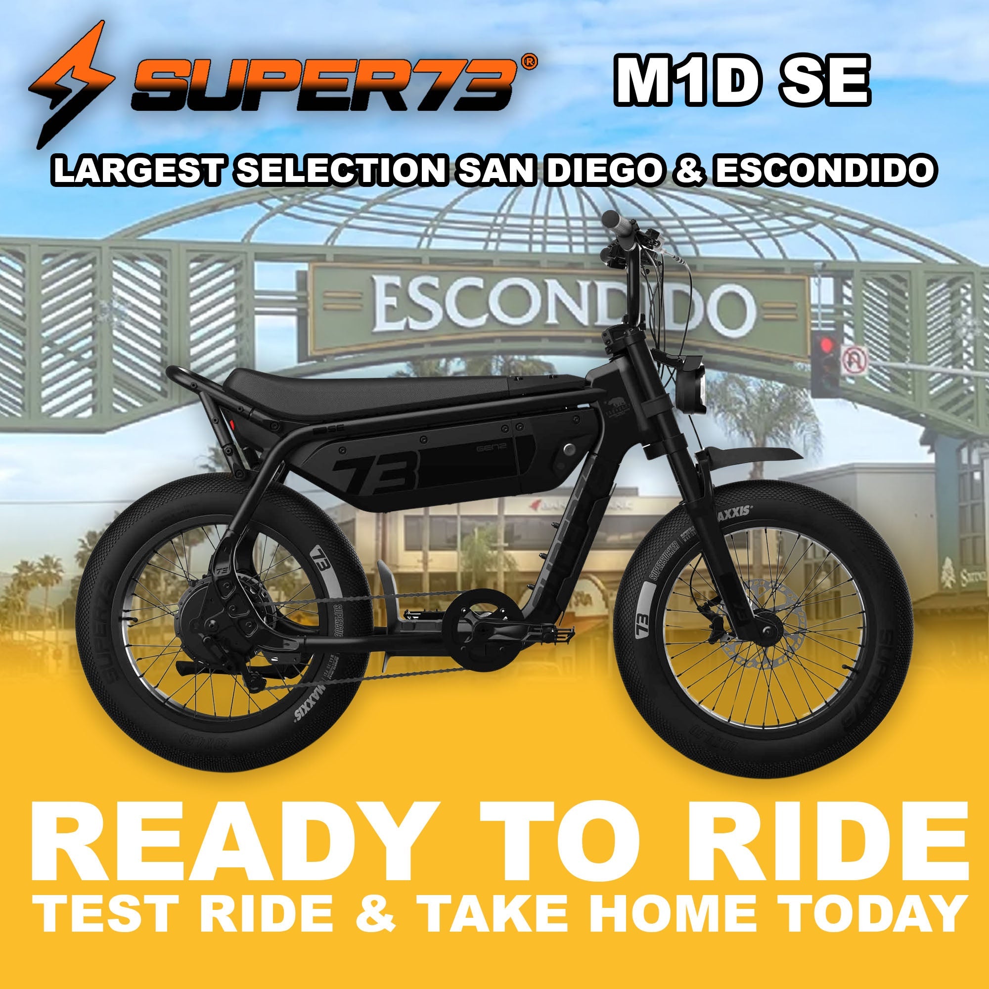 Black Super73 M1D SE eMOTO eBike, side view, ready to ride, against a plain background