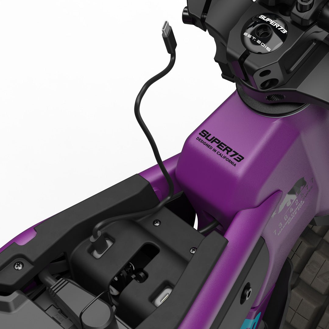 Side view of a Super73 MZFT eMOTO eBike in a showroom, displayed for in-store pickup only.