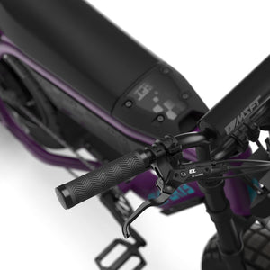 Super73 MZFT eMOTO eBike in store, side view, black frame, thick tires, displayed for pickup