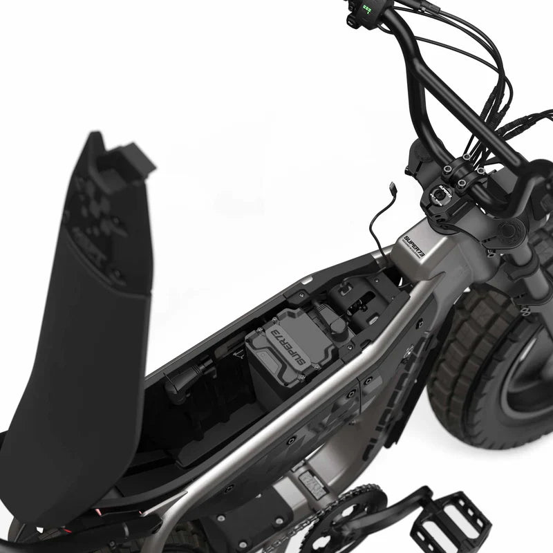 Side view of the eMOTO eBike Super73 MZFT in a showroom, highlighting its rugged frame, thick tires, and minimalist design.