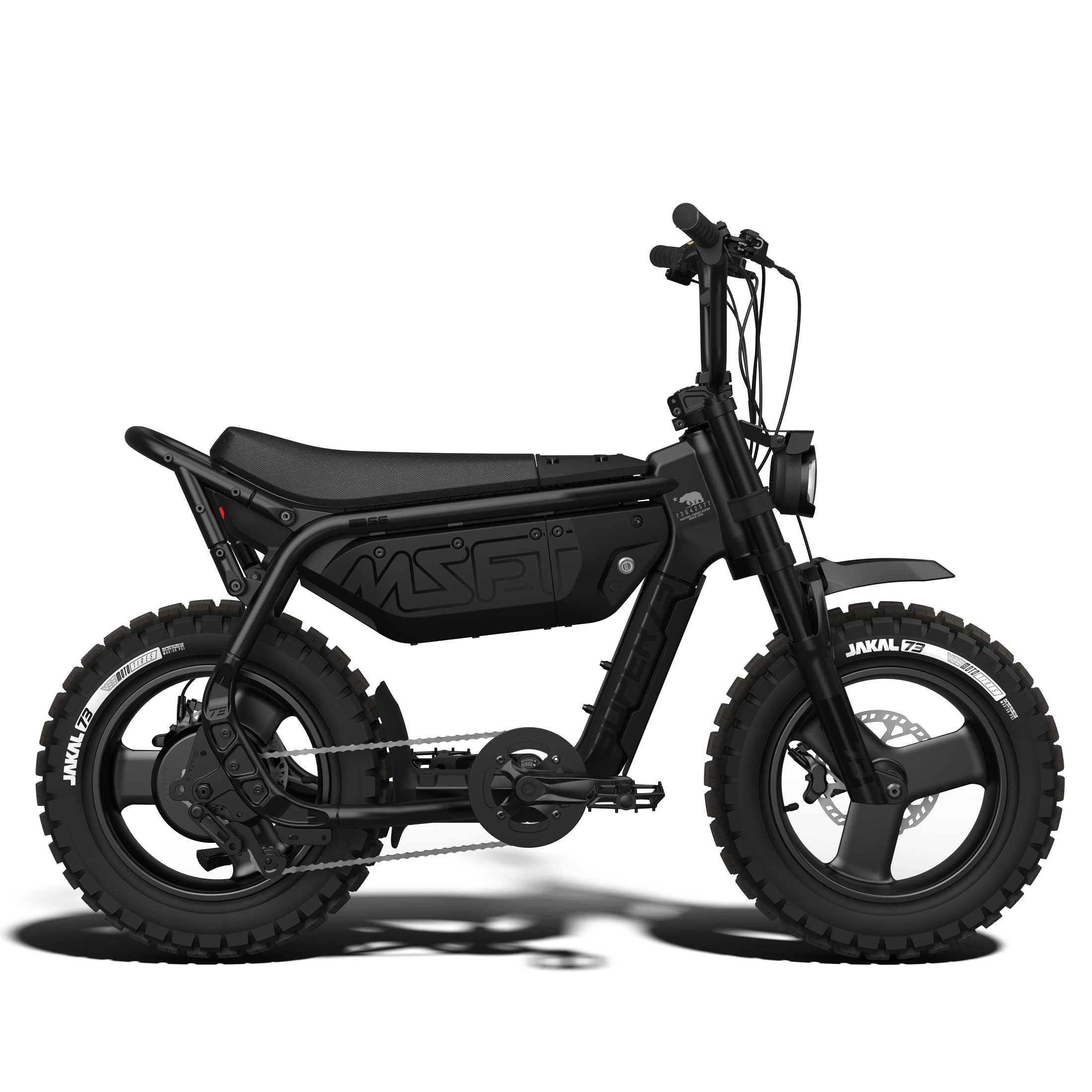 Super73 MZFT SE eMOTO eBike in Blackout color, shown inside its original box with packaging materials.