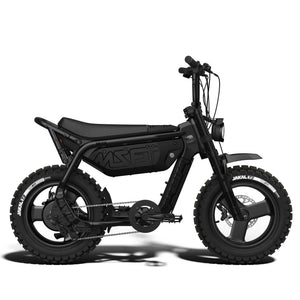 Super73 MZFT SE eMOTO eBike in Blackout color, shown inside its original box with packaging materials.
