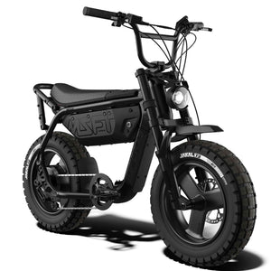 Super73 MZFT SE eBike in Blackout color, shown inside its original packaging box with protective materials.