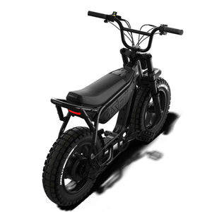 Super73 MZFT SE eMOTO eBike in Blackout color, shown inside its box with packaging materials, In Box Product Image 4