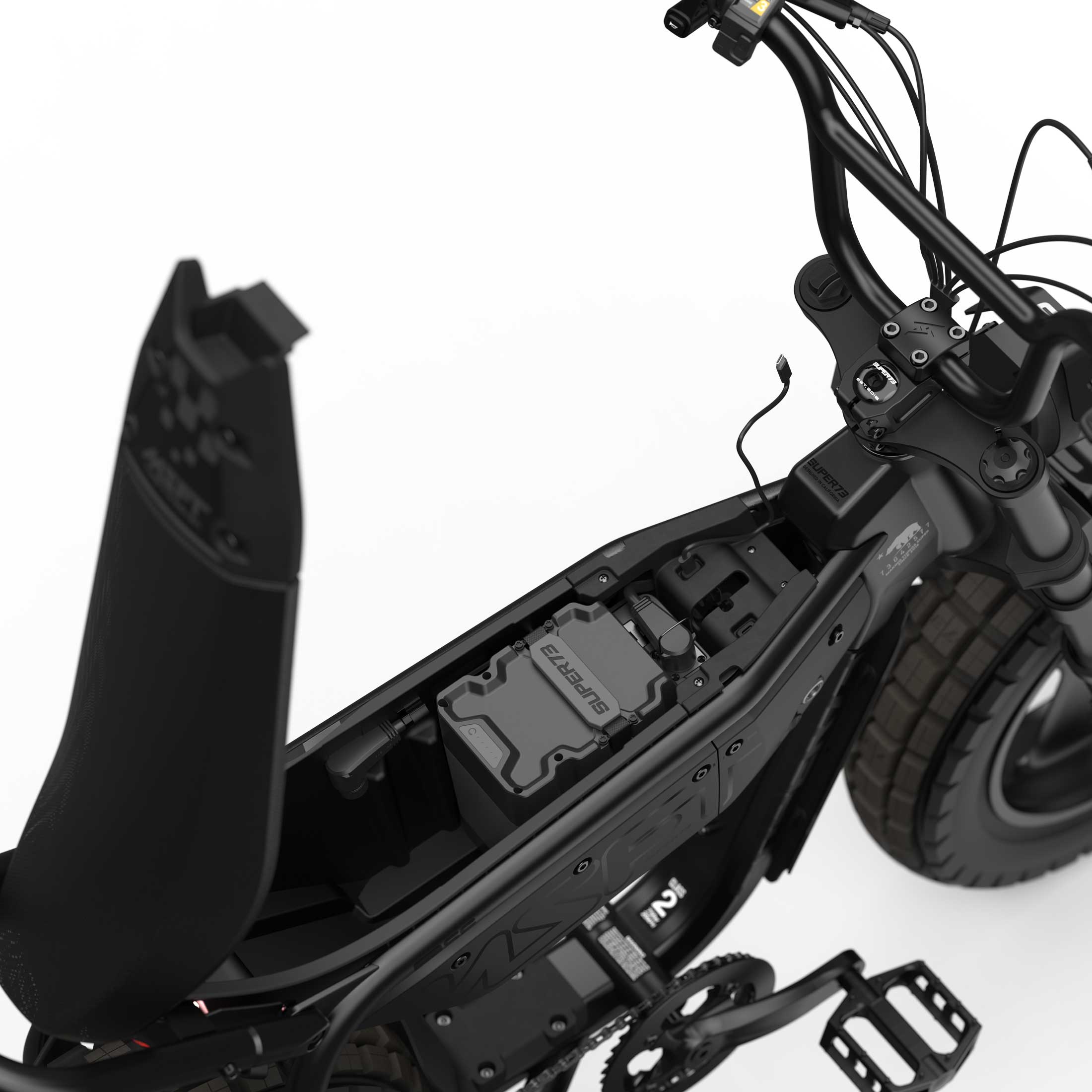 Super73 MZFT SE eMOTO eBike in Blackout color, shown inside its box with packaging materials, In Box Product Image 5