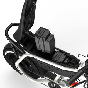 Side view of the eMOTO eBike Super73 MZFT SE in a showroom, showcasing its sleek frame and modern design, available for in-store pickup only.
